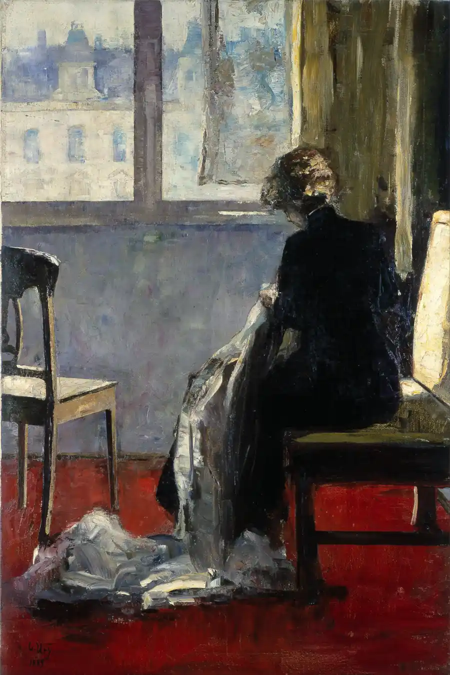 Opera d'arte 'Il tappeto rosso' di Lesser Ury, rappresentante una donna in un interno.