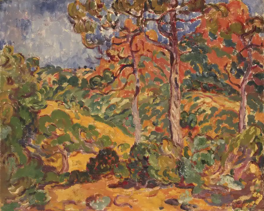Dipinto di un paesaggio con alberi e luce solare.