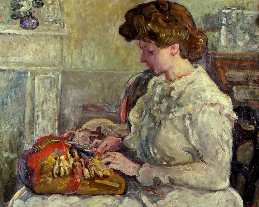 Dipinto di una donna che ricama, con dettagli impressionisti.