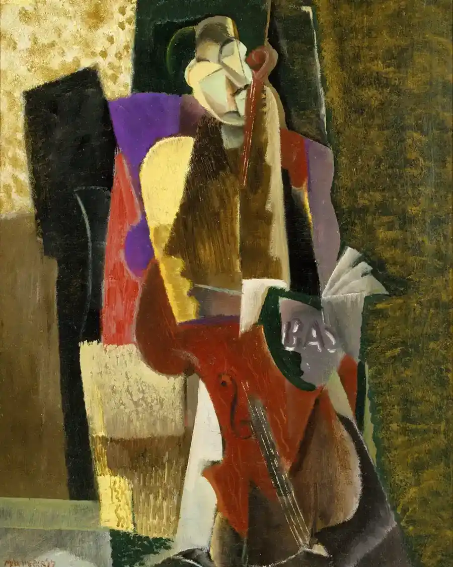 Rappresentazione cubista di un musicista con violoncello.