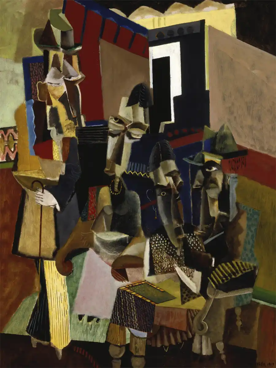 La Visita, opera di Max Weber, rappresenta figure stilizzate in un contesto astratto.