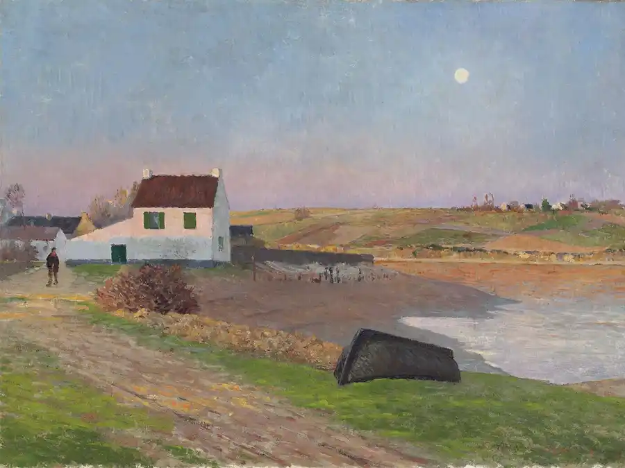 Dipinto di un paesaggio rurale con una casa bianca e un sentiero.