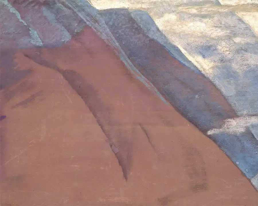 Dipinto di un paesaggio montano con scogliere rosso-bruno.