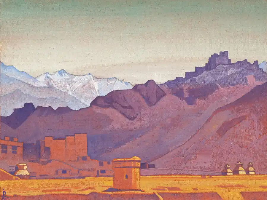 Dipinto di un paesaggio montano con fortezza e villaggio.