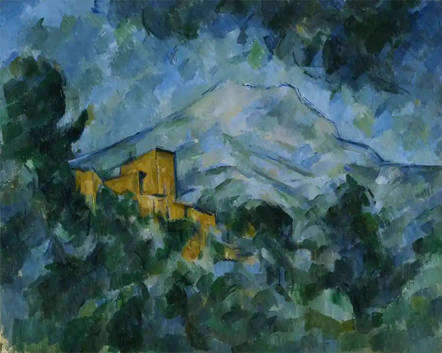 Paesaggio sereno con Montagne Sainte-Victoire e edificio giallo