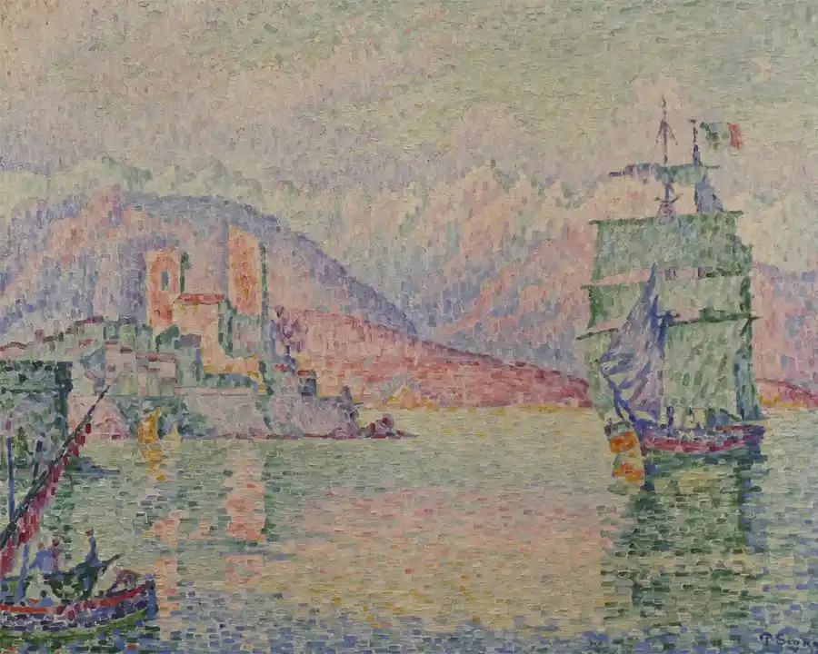 Antibes, Sera - Stampa puntinista di una scena costiera serena.