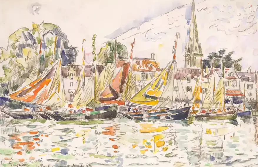 Barche a vela ormeggiate in un porto sereno, dipinto in stile Post-Impressionista.