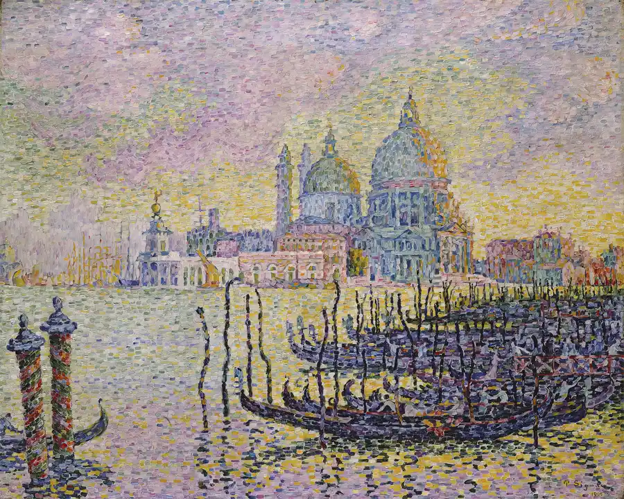 Rappresentazione del Canale Grande di Venezia in stile puntoillista.