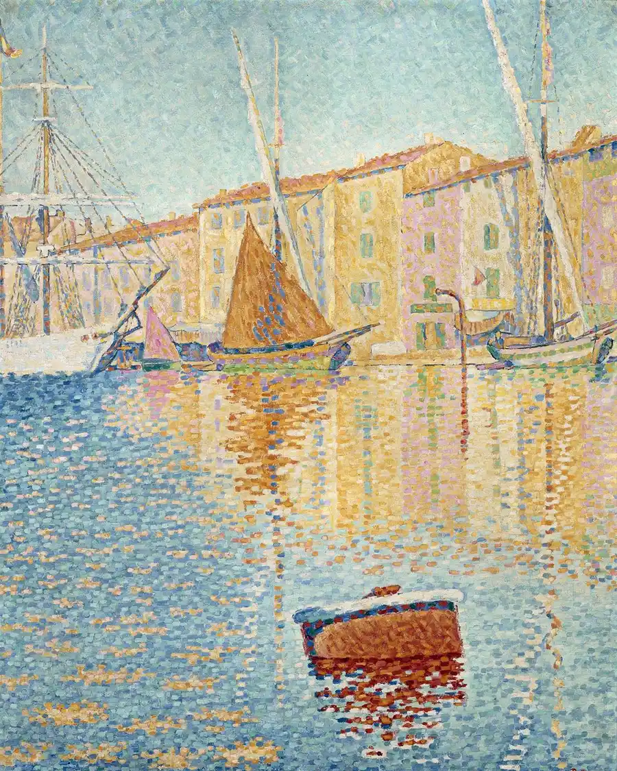 Paesaggio corsicano di Paul Signac, scena portuale vibrante.