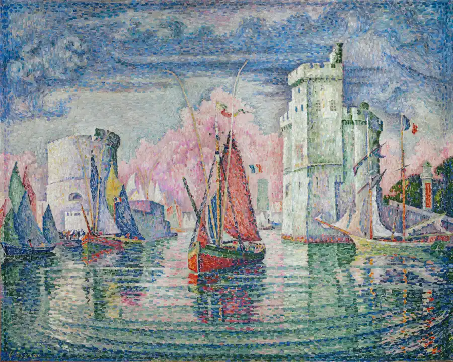 Porto di La Rochelle, opera di Paul Signac, rappresenta un vivace porto con velieri e una fortezza.