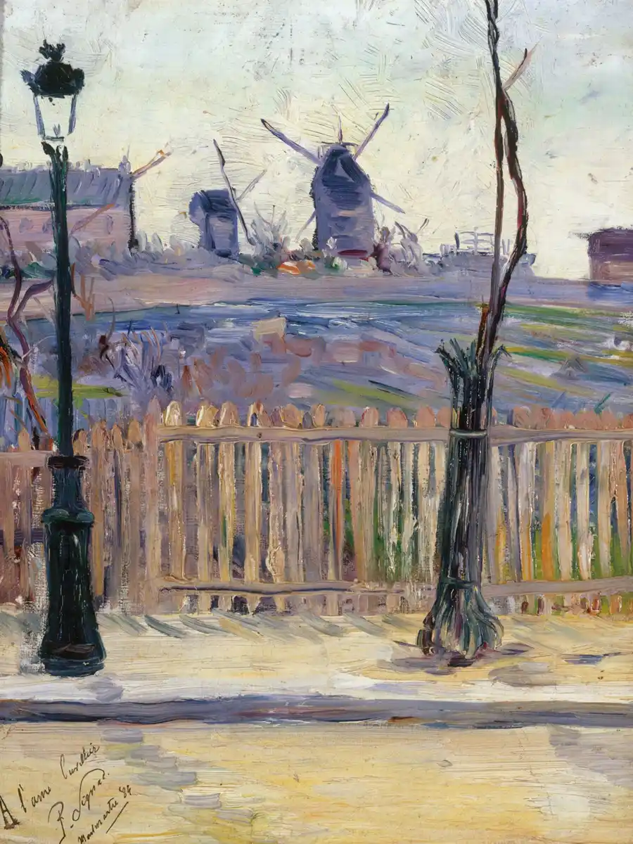 Mulini a vento e paesaggio rurale a Montmartre.