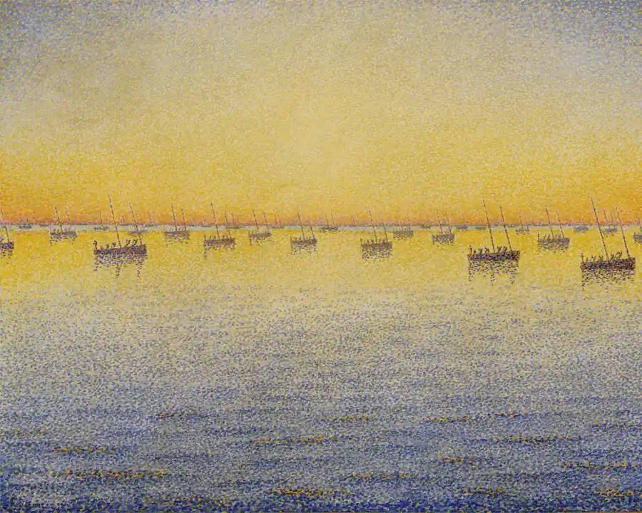 Tramonto sul mare con piccole barche, tecnica puntinista.