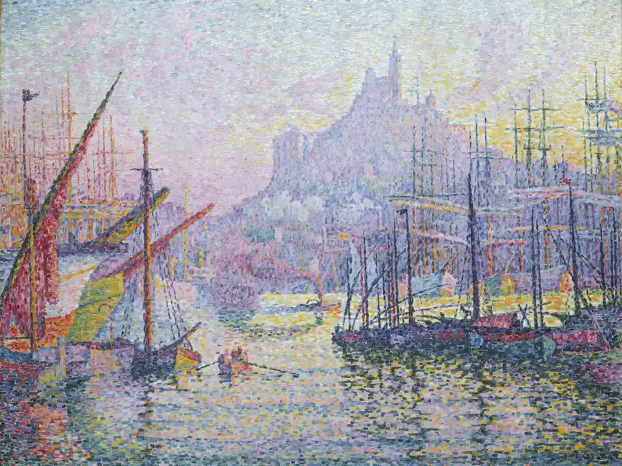 Vista del Porto di Marsiglia, opera di Paul Signac, in stile puntinista.