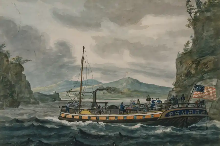 Riproduzione dell'opera 'Viaggio in Vaporetto sul Fiume Hudson' di Pavel Svinyin.