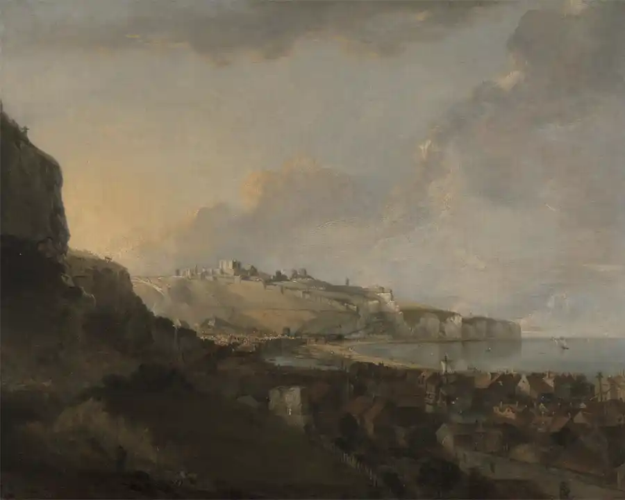 Paesaggio di Dover con scogliere e villaggio costiero.