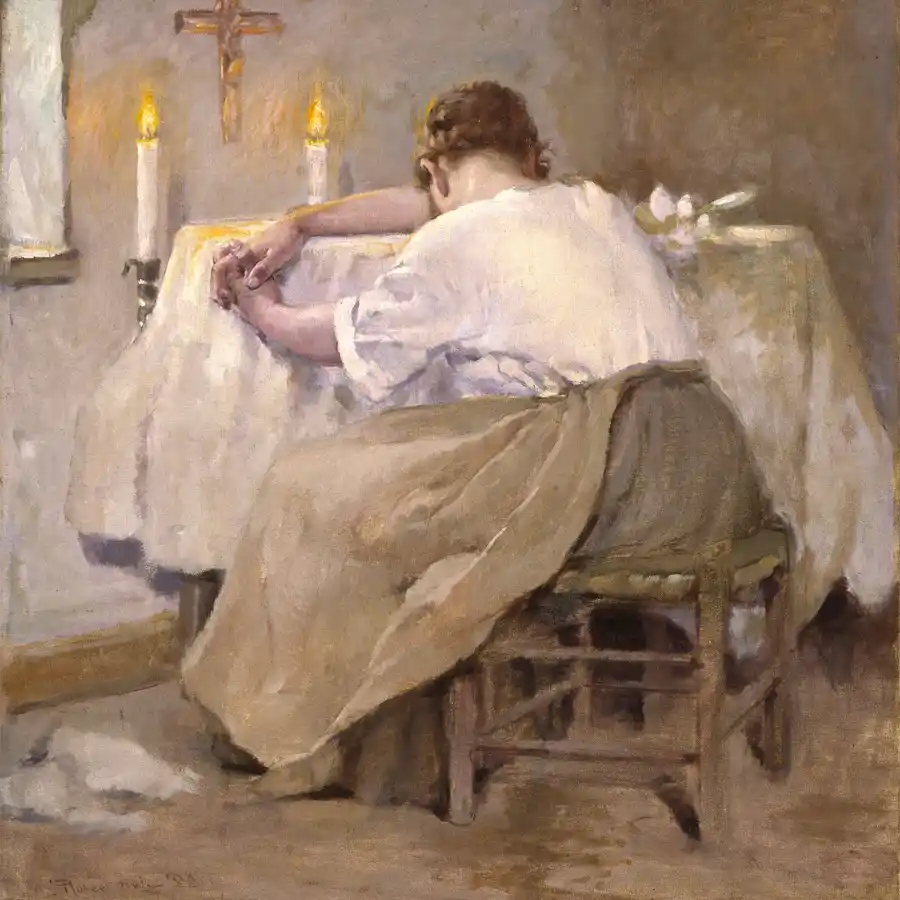 Riproduzione dell'opera 'Il suo primo genito' di Robert Lewis Reid.