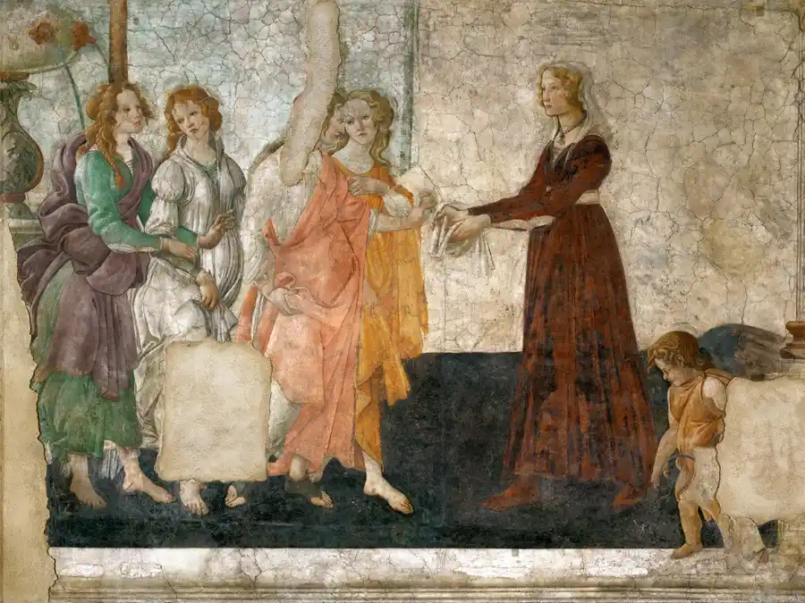 Affresco di Botticelli che rappresenta Venere e le Grazie che offrono doni.
