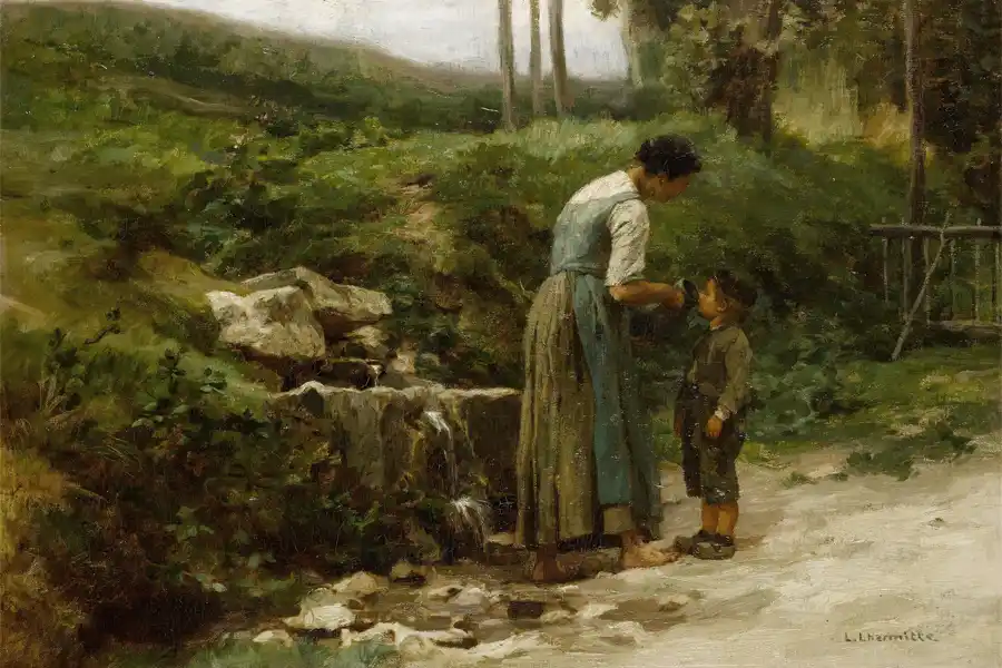 Rappresentazione di una giovane ragazza vicino a una fontana