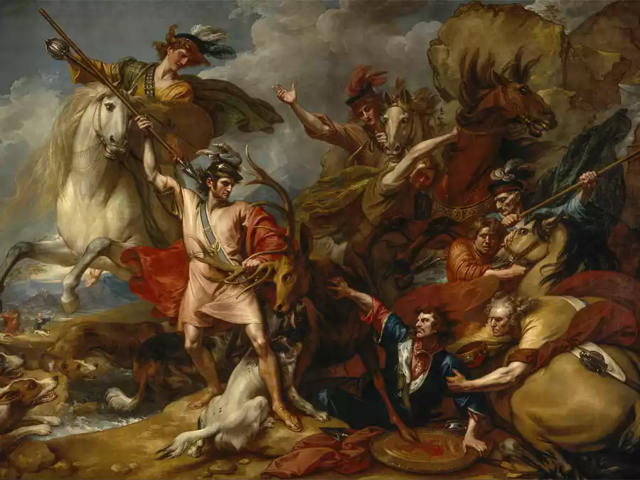 Opera d'arte che rappresenta il salvataggio di Alessandro III di Scozia da un cervo.
