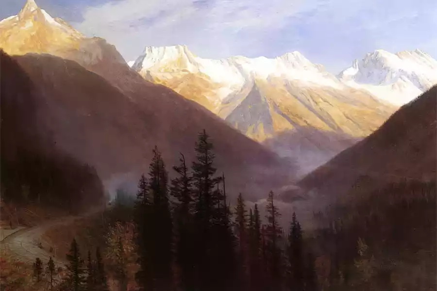 Landschap van de zonsopgang bij Glacier Station met bergen en bomen.