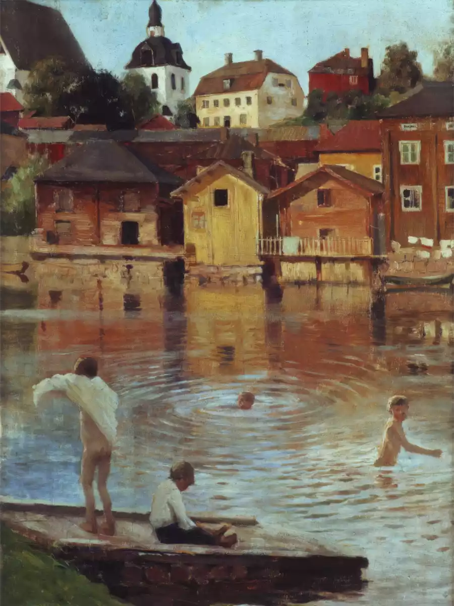 Jongens die zwemmen en spelen in de Porvoo-rivier, omringd door natuur.