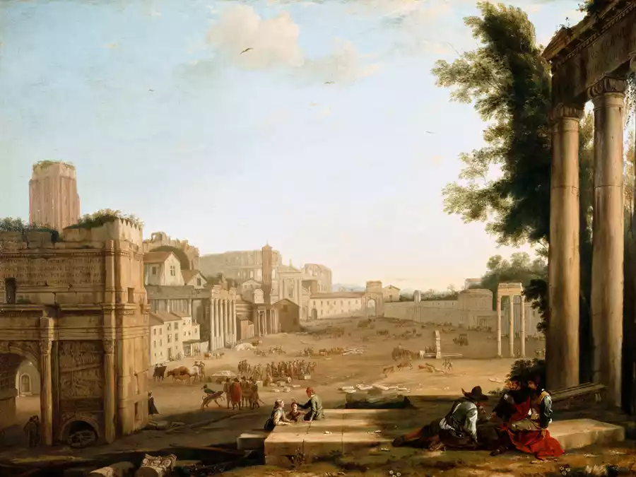 Landschap van het Campo Vaccino in Rome, geschilderd door Claude Lorrain.