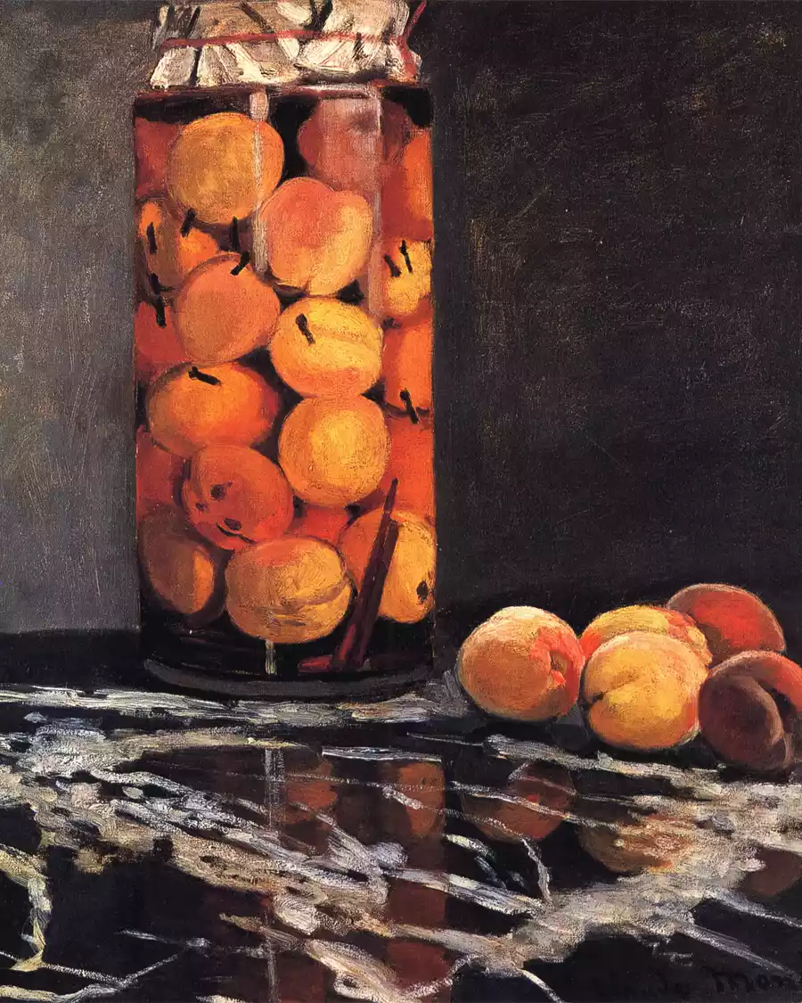 Stilleven van een pot met perziken door Claude Monet.