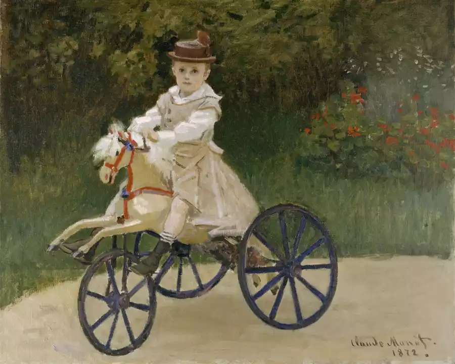 Een schilderij van Jean Monet die op een mechanisch paard rijdt, geschilderd door Claude Monet.