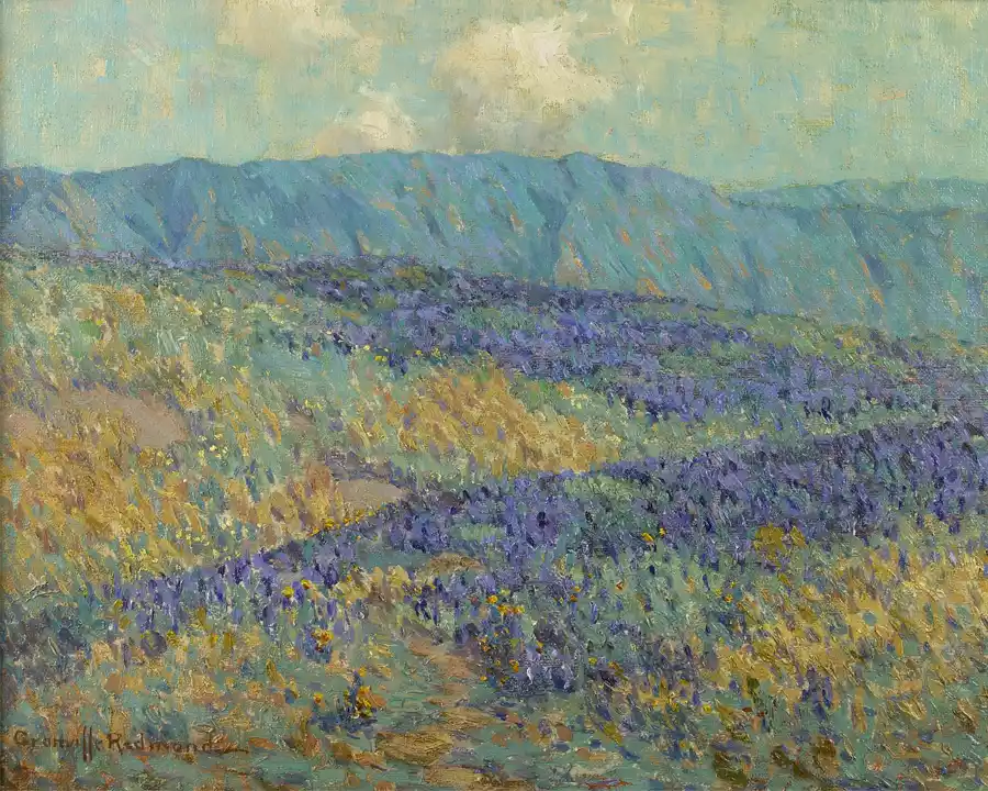 Blauwe bloemen in een vredig landschap met bergen op de achtergrond.