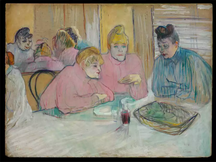 Schilderij van prostituees rond een eettafel in 19e-eeuws Parijs.