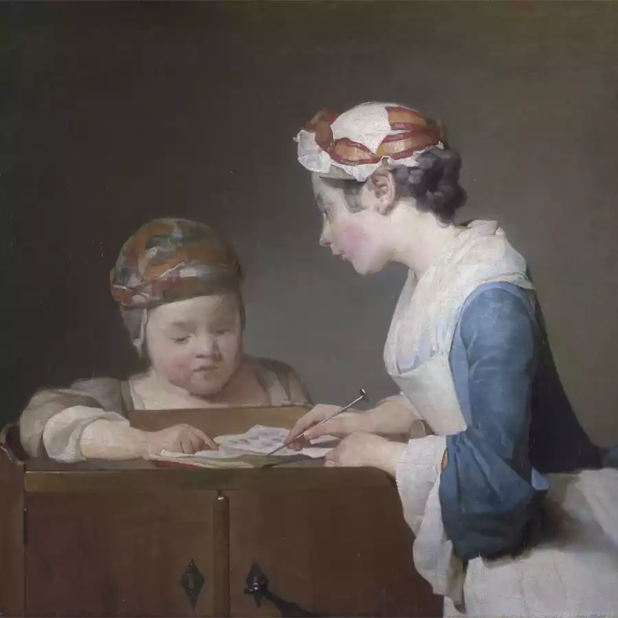 De Jonge Schooljuf van Jean-Baptiste-Simeon Chardin, een kunstwerk dat onderwijs en mentorschap uitbeeldt.