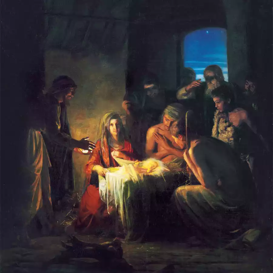 De Geboorte van Christus, een kunstwerk van Carl Bloch dat een heilige scène vastlegt.