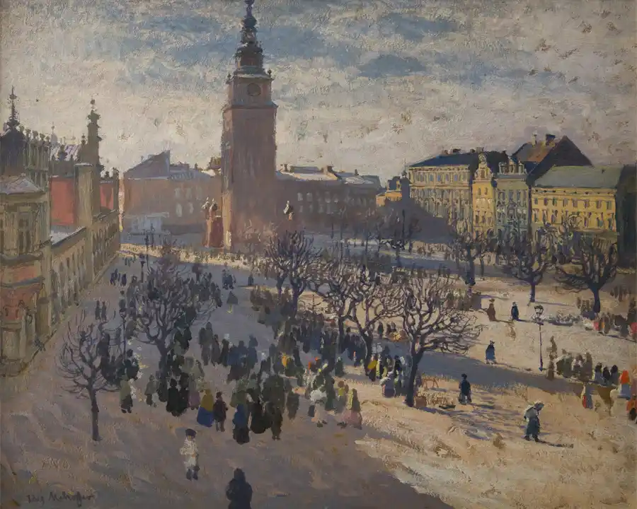 Marktplein in Kraków met historische gebouwen en sneeuw.