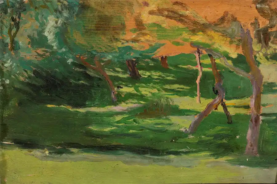 Schets van een weelderig landschap door Józef Mehoffer.