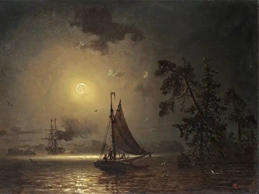 Nocturne Voyage - een schilderij van een nachtelijke zeilboot onder de maan.
