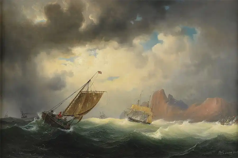 Schepen vechten tegen de woelige zee in een stormachtig landschap.