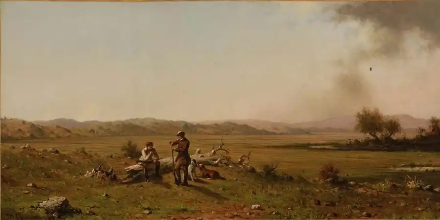 Jagers rustend in een vredig landschap met heuvels en bomen.
