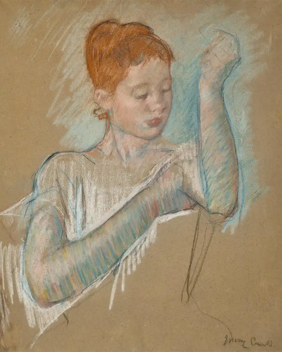 Een schilderij van een jong meisje met lange handschoenen in pastelkleuren.