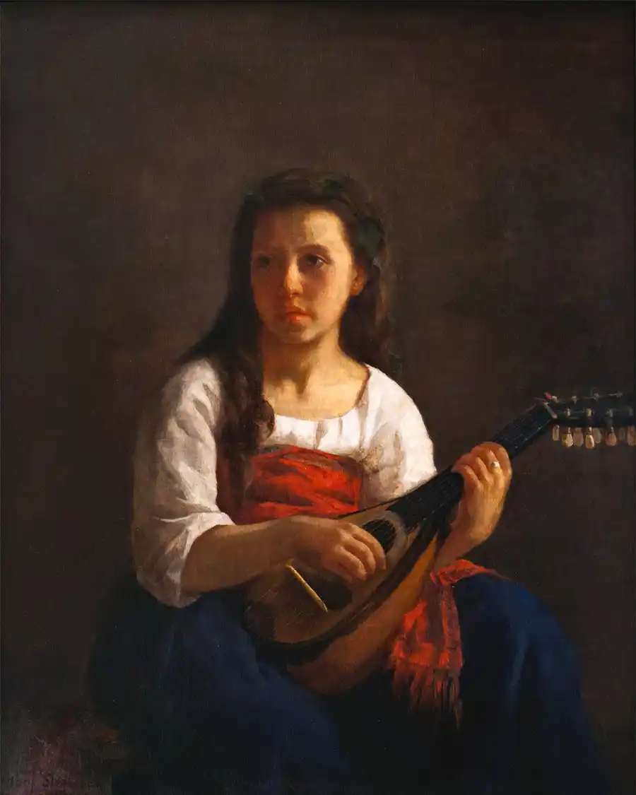 De Mandoline Speler, een schilderij van een meisje dat mandoline speelt.