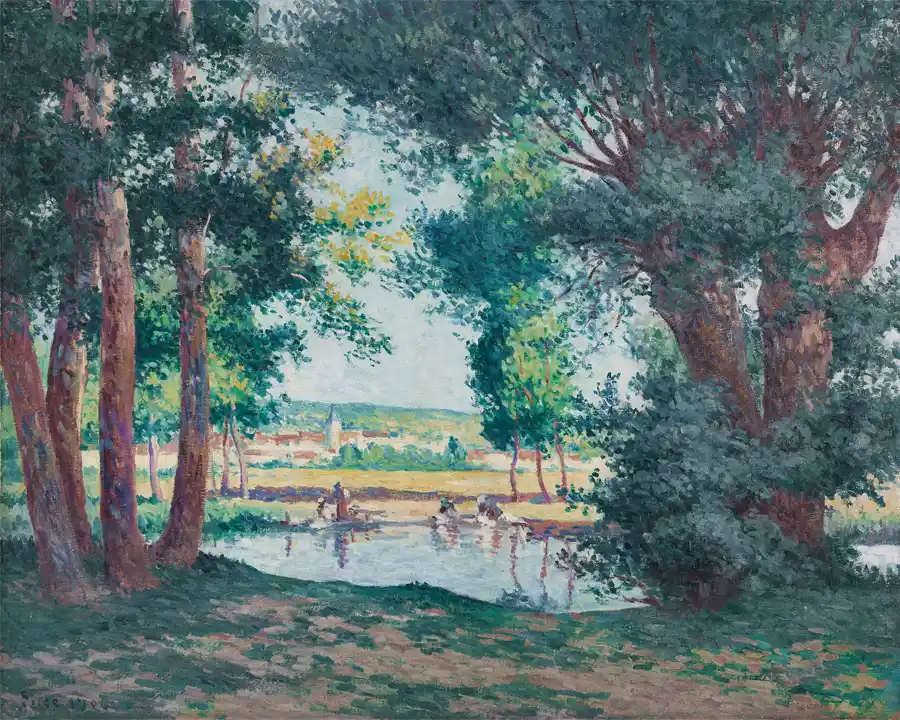 Bessy-sur-Cure, De Wasvrouwen Aan De Waterkant, een schilderachtig landschap met bomen en water.