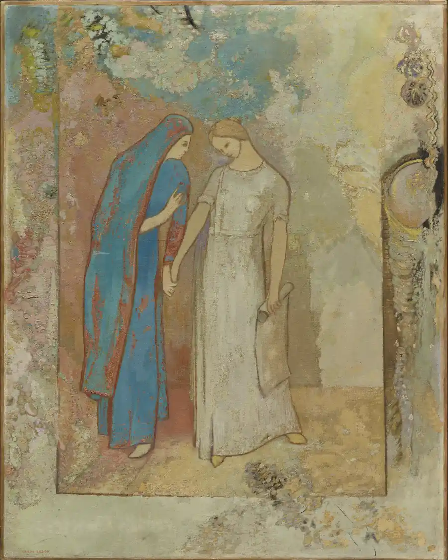 Initiatie tot Studie van Odilon Redon, een schilderij van twee vrouwen in een tuin.