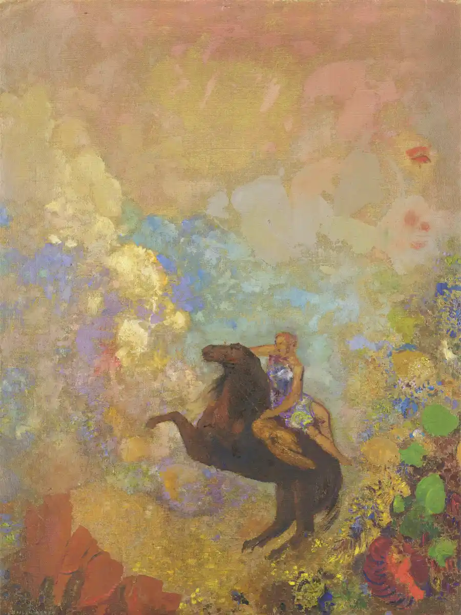 Muse op Pegasus - een vrouw in een vloeiende jurk op een hengst.