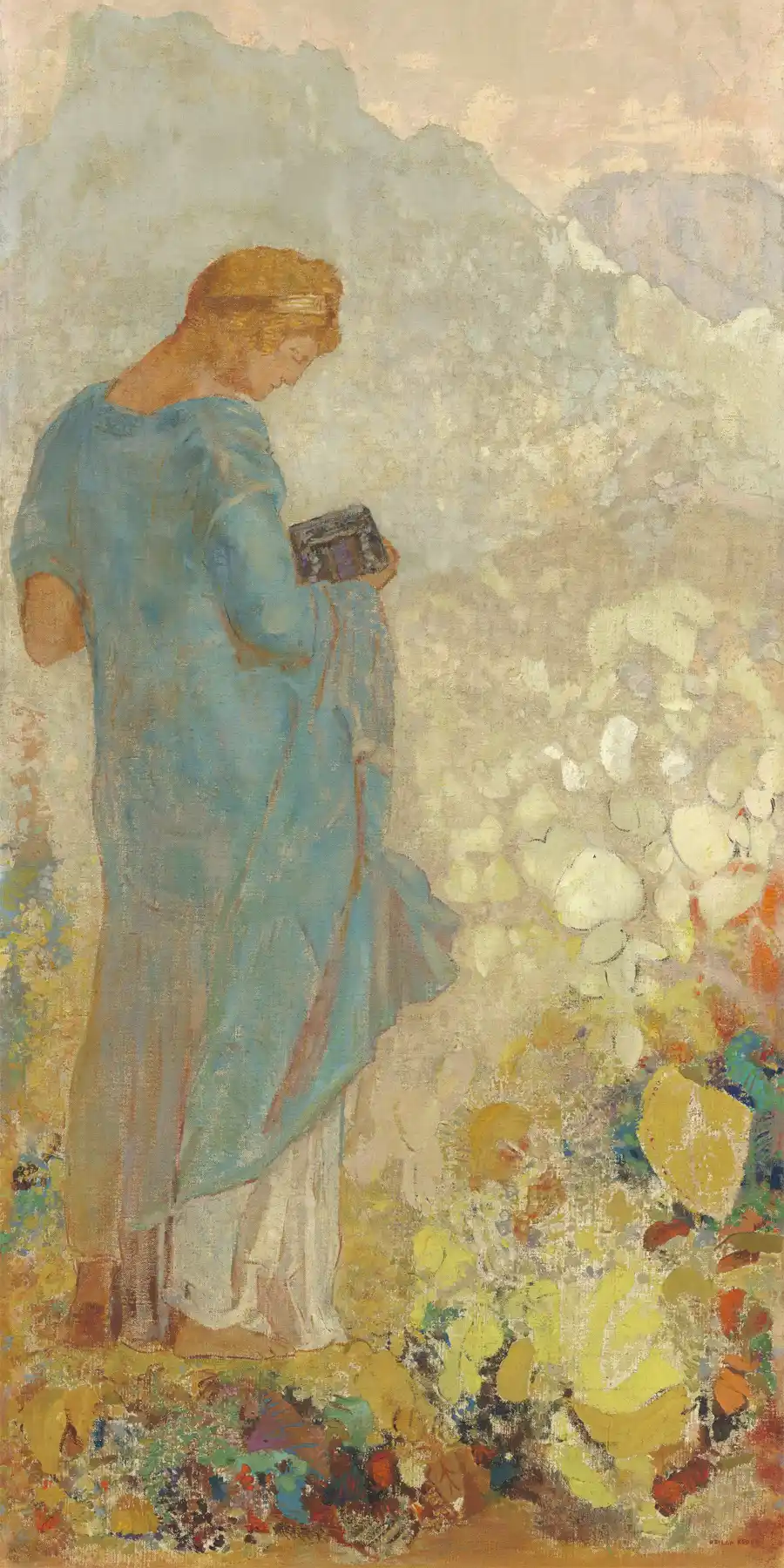 Een afbeelding van Pandora, geschilderd door Odilon Redon, toont een vrouw in een lichtblauwe robe in een tuin.