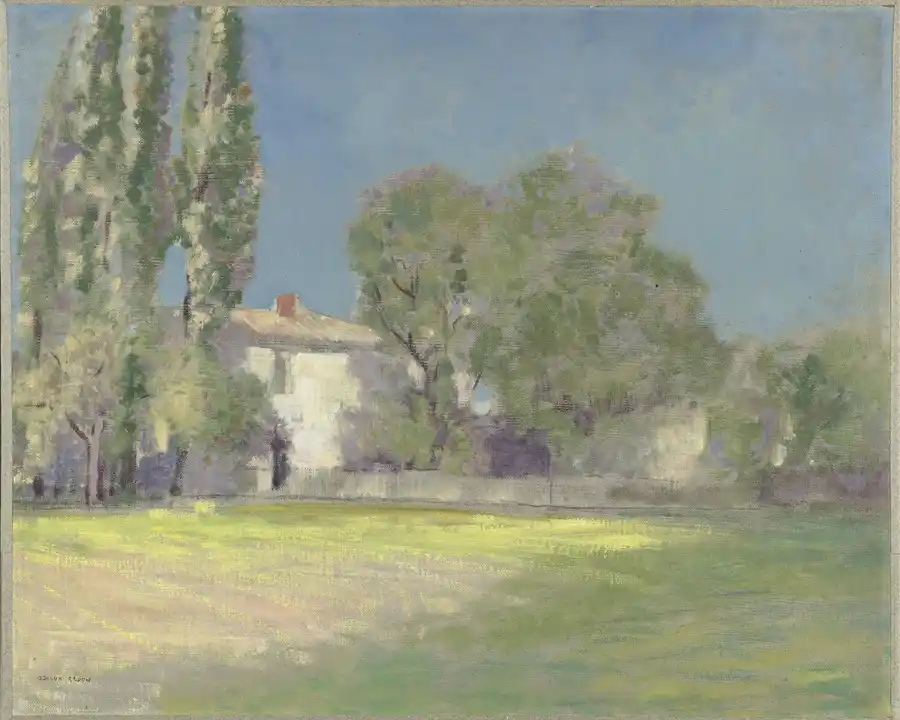 Peyrlebade, een schilderij van Odilon Redon met een wit huis en cipressen.