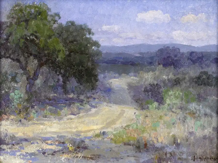 Een schilderij van een pad door de Texas Hill Country met natuur en water.