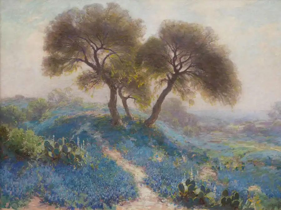 Een schilderij van een lenteochtend met bloeiende bluebonnets en bomen.
