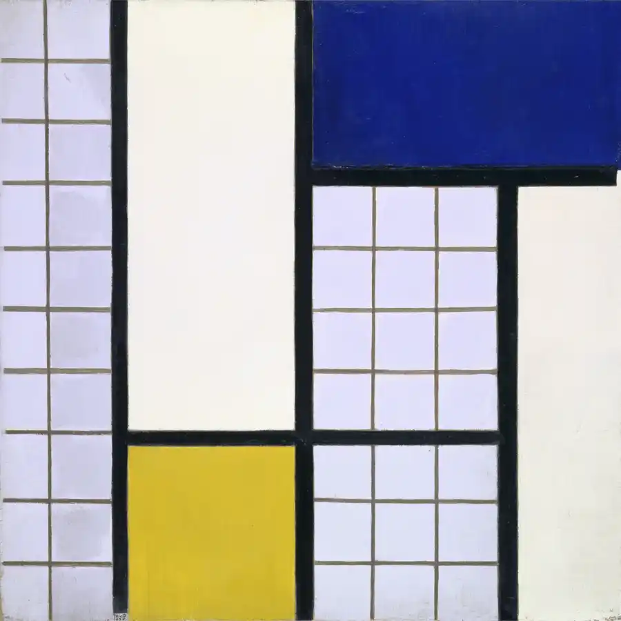 Abstracte compositie met rechthoeken en vierkanten in felle kleuren.