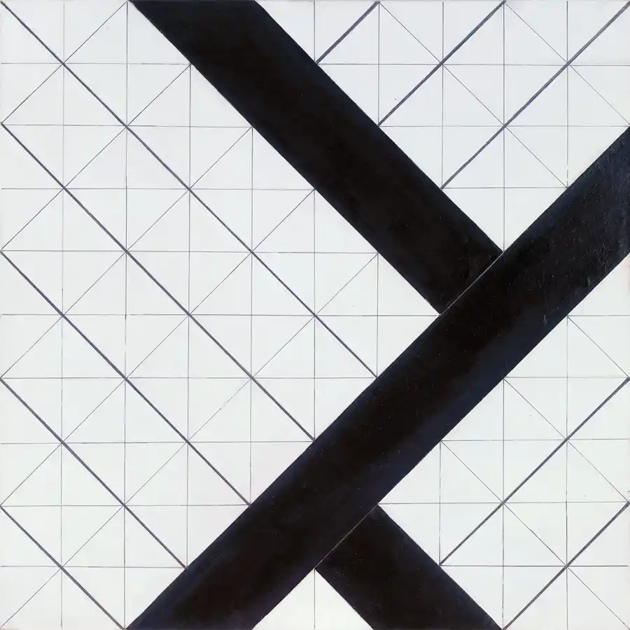 Tegenstelling Compositie VI van Theo van Doesburg, een voorbeeld van Neoplasticisme.