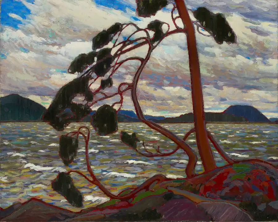 De Westelijke Wind, een kunstwerk van Tom Thomson met een eenzame boom en dramatische lucht.