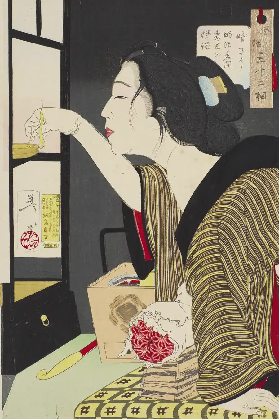 Ukiyo-e afdruk van een vrouw in een gestreepte kimono uit de Meiji-periode.